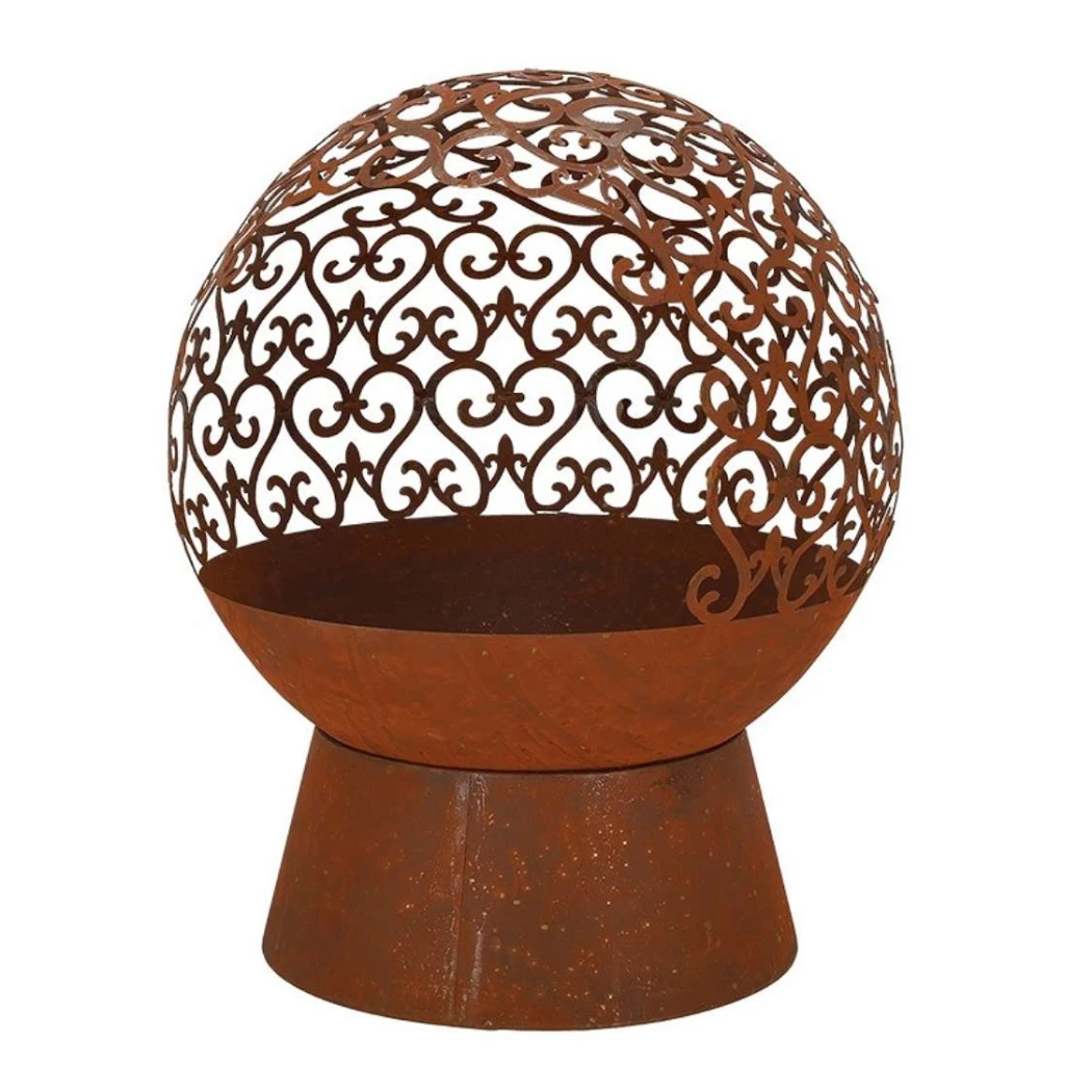 Brasero boule Fire ball découpe laser curls rouille S | Bio-cheminee.fr |