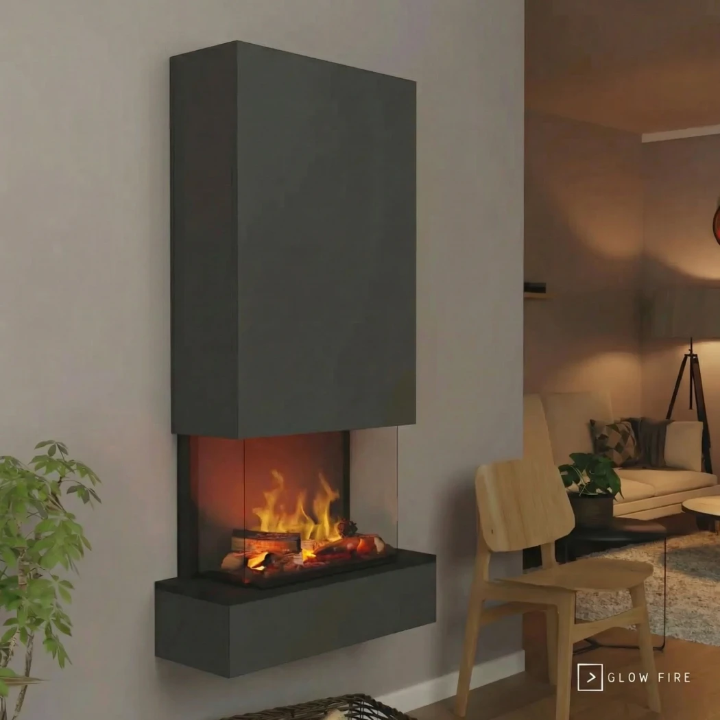Cheminée à vapeur d'eau gris haute OMC 600 Hölderlin – Mural par Glow Fire – Flamme réaliste, sans chaleur, LEDs économes en énergie