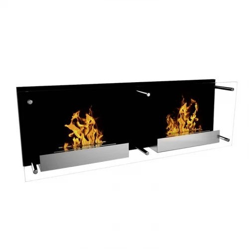 Double Nevada, élégante cheminée murale avec brûleur. Cheminée impressionnante avec 2 brûleurs, chaque 1,5L. Temps de combustion jusqu'à 6h. D: 40 x l: 120 x p: 21 cm